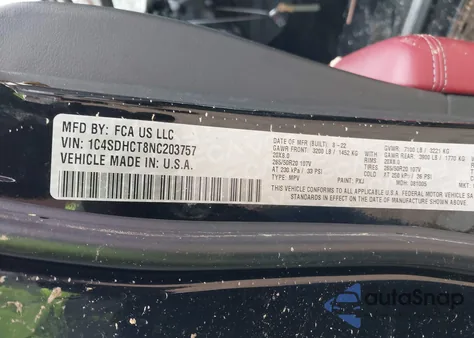 2022 Dodge Durango R/T Plus Rwd z USA, uszkodzony, nr VIN 1C4SDHCT8NC203757